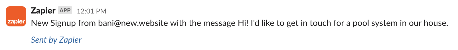 Slack message showing the form data from new.website