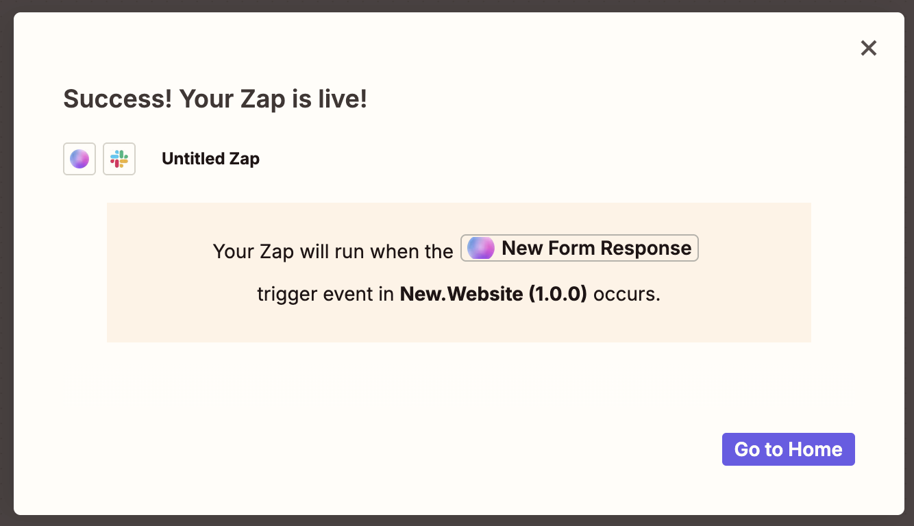 Success message confirming the Zap is live