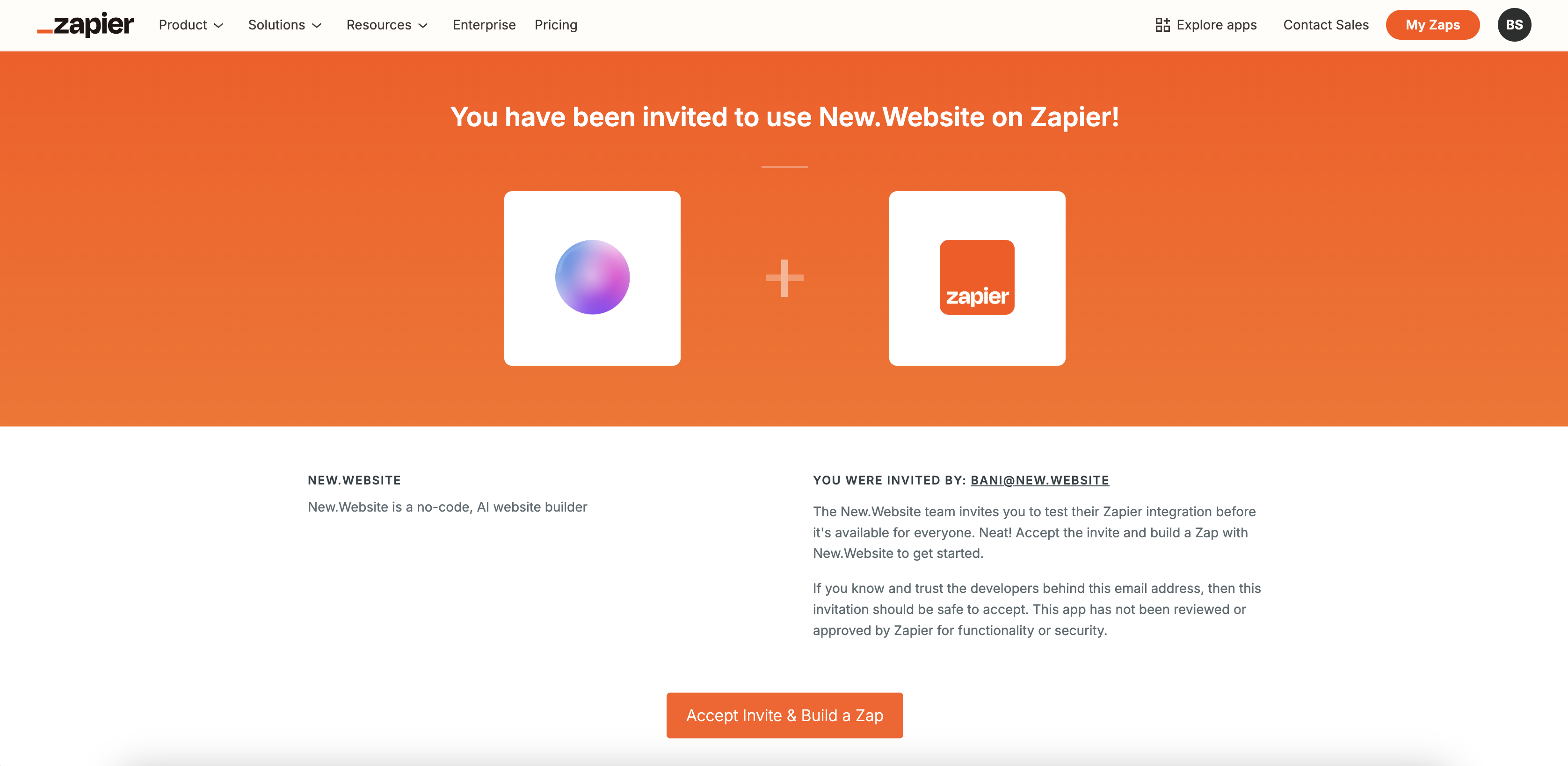 Zapier invitation page to accept new.website integration