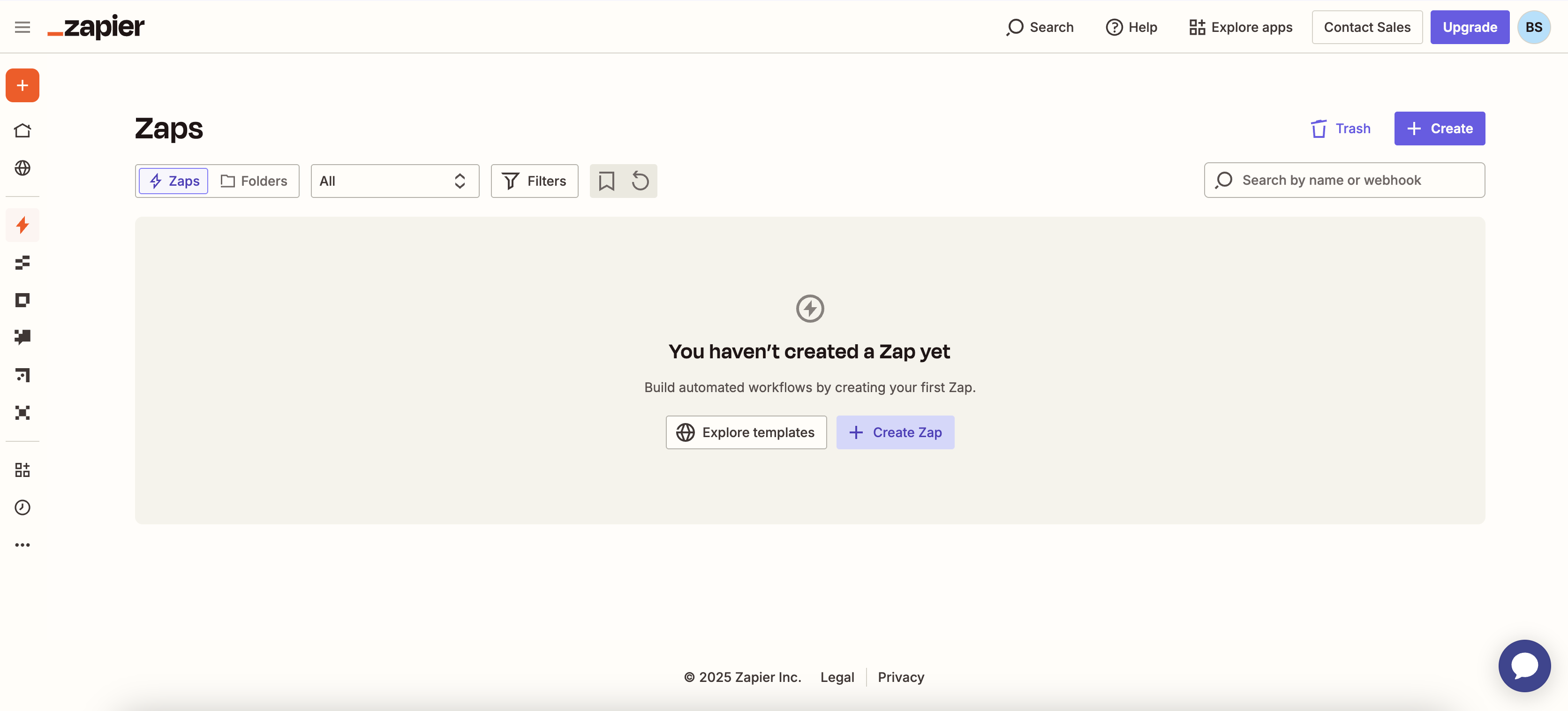 Zapier dashboard with Create Zap button