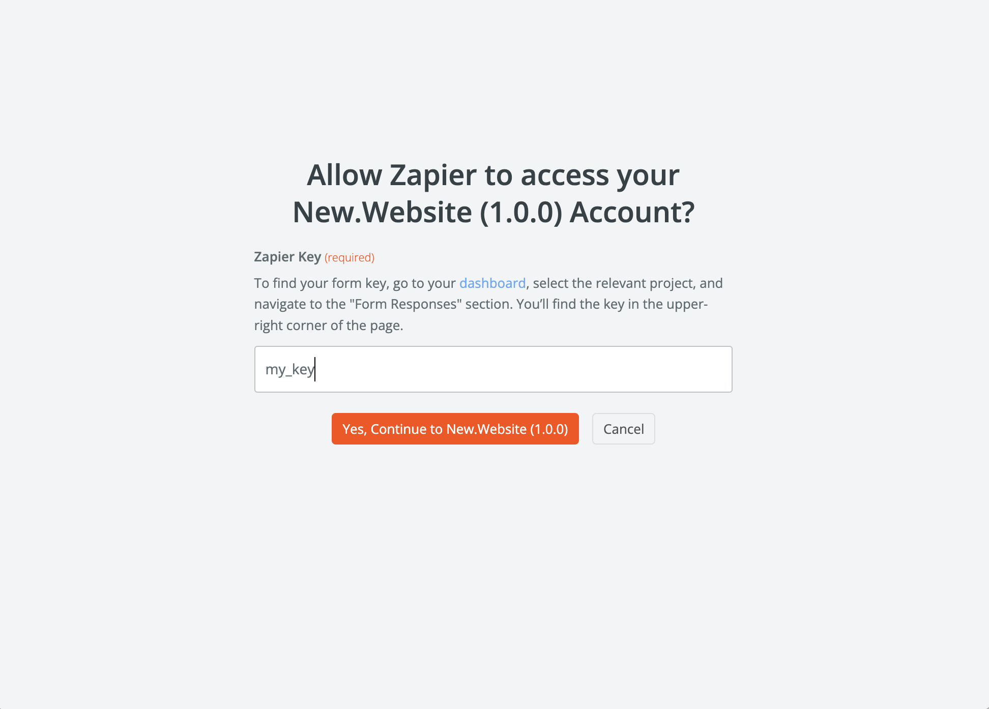 Zapier key input field for account authorization