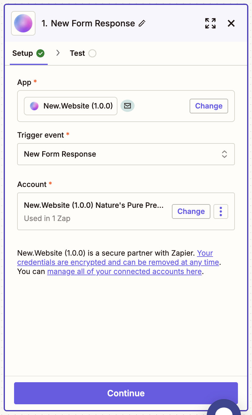 Connected account showing the specific project name