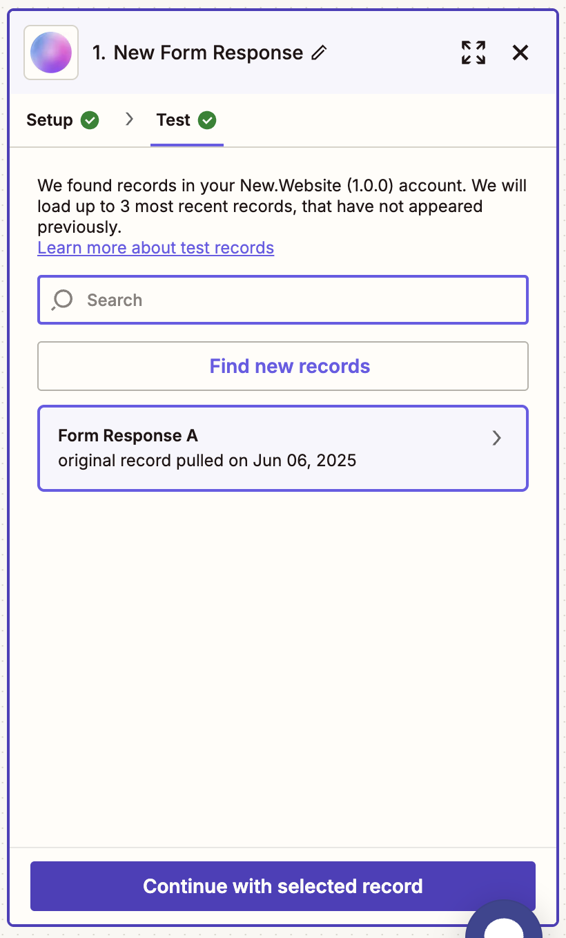 Test results showing form response data