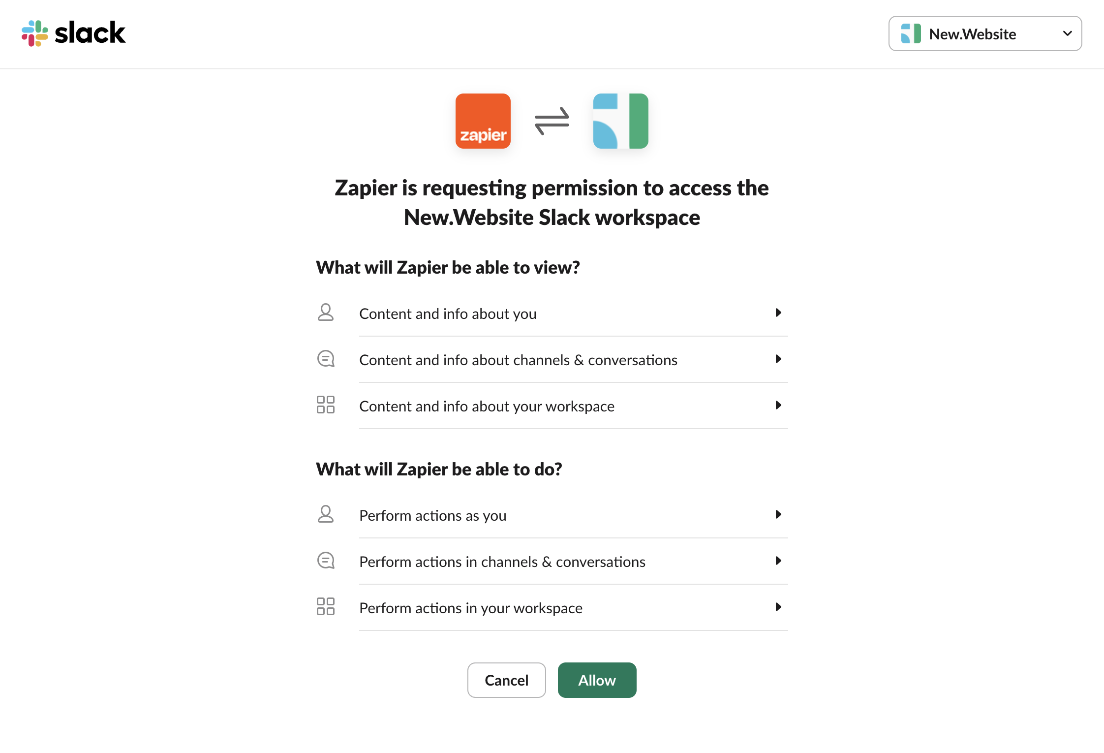 Slack permission screen allowing Zapier access