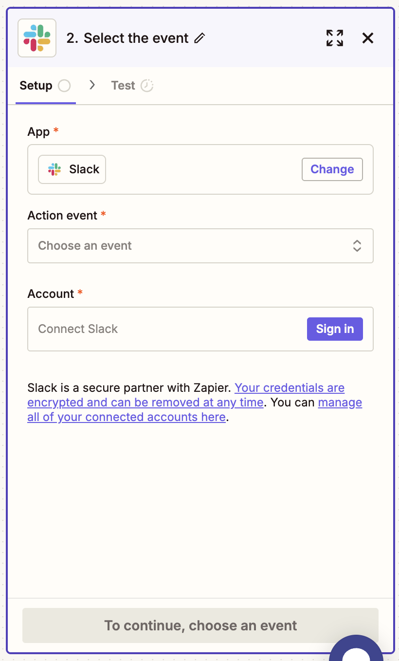 Selecting Slack as the action app in Zapier