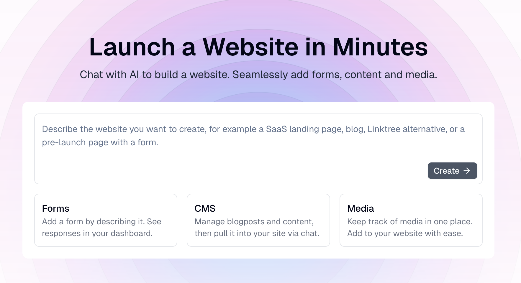 new.website homepage with website creation prompt