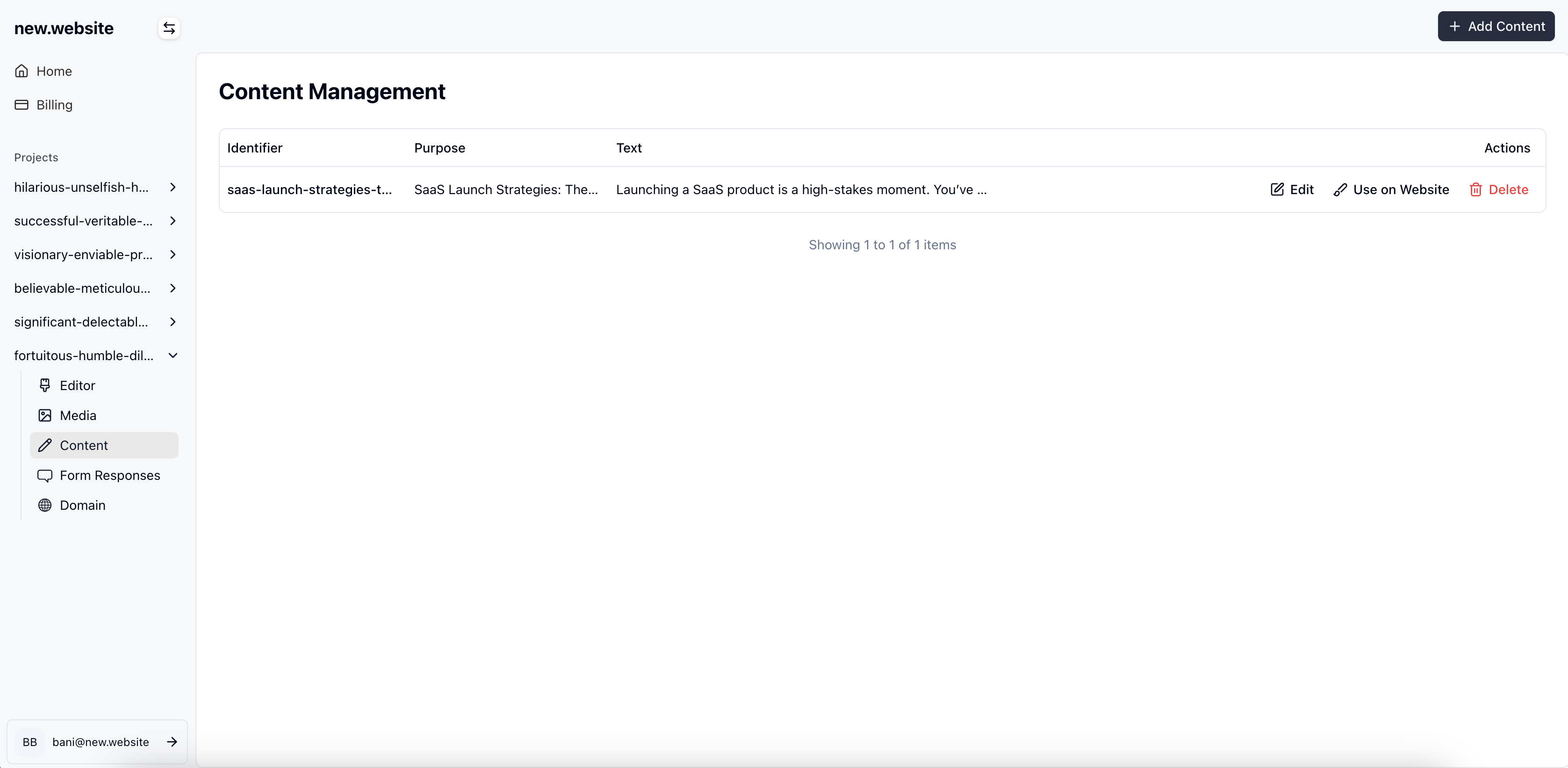Content Management dashboard