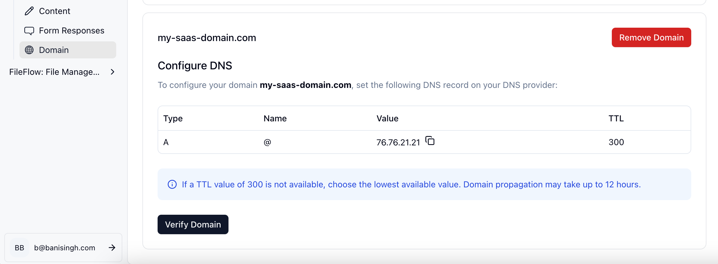 DNS configuration values shown in dashboard