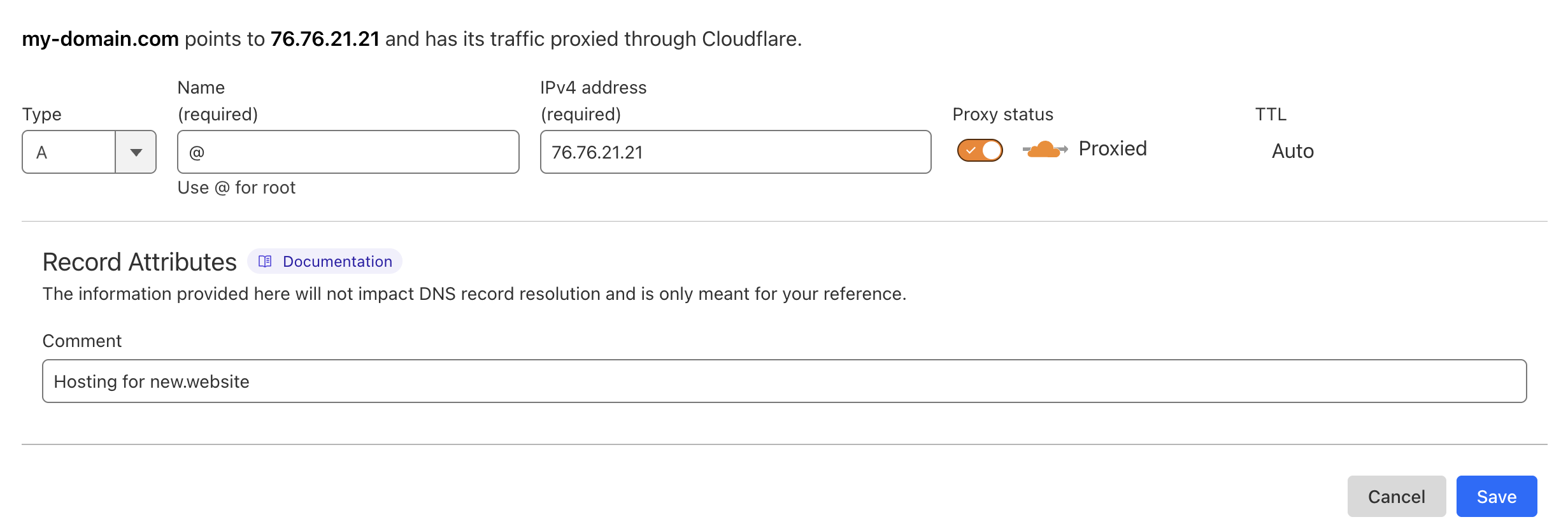 DNS configuration example in Cloudflare