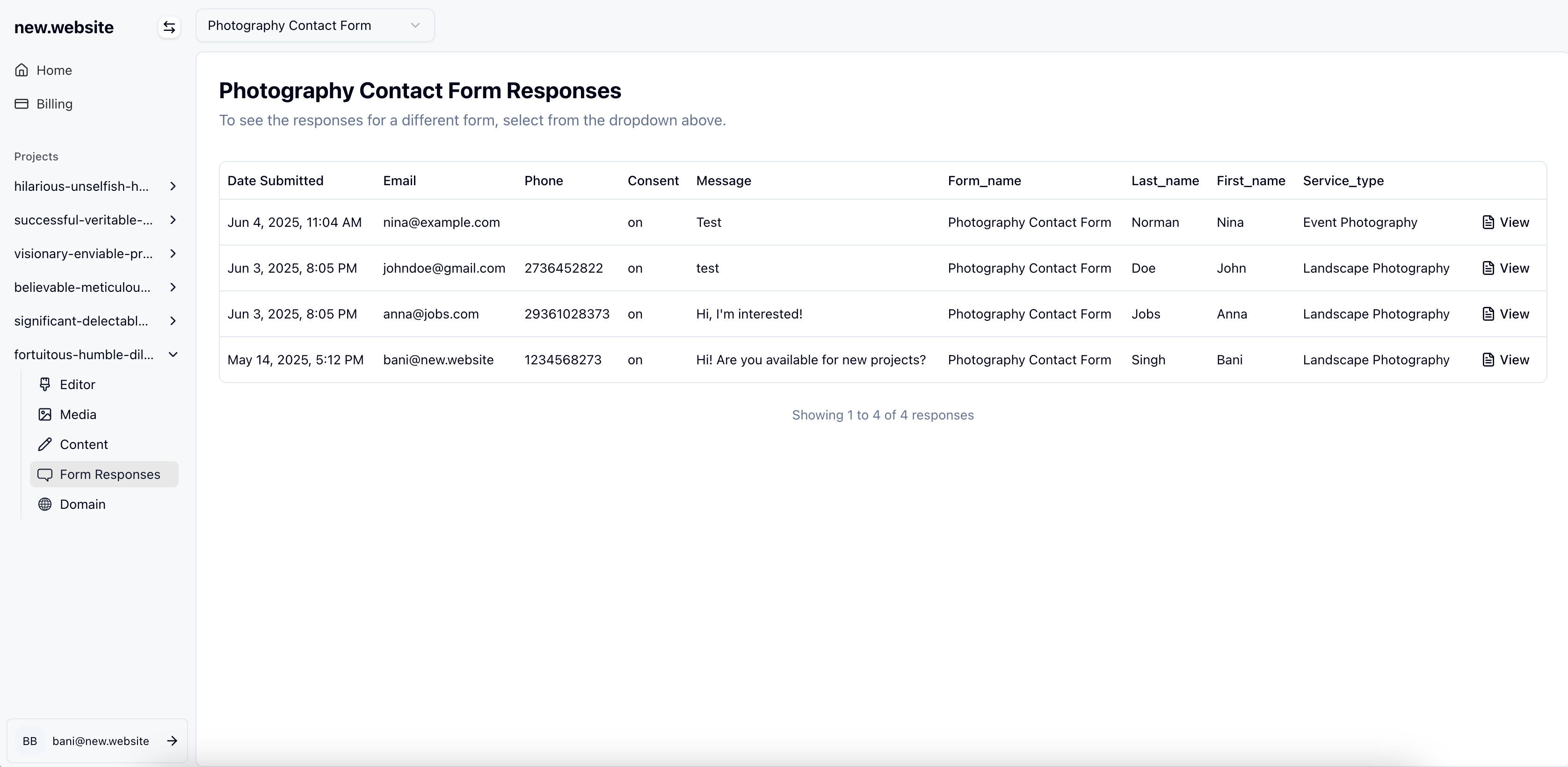 Form responses dashboard
