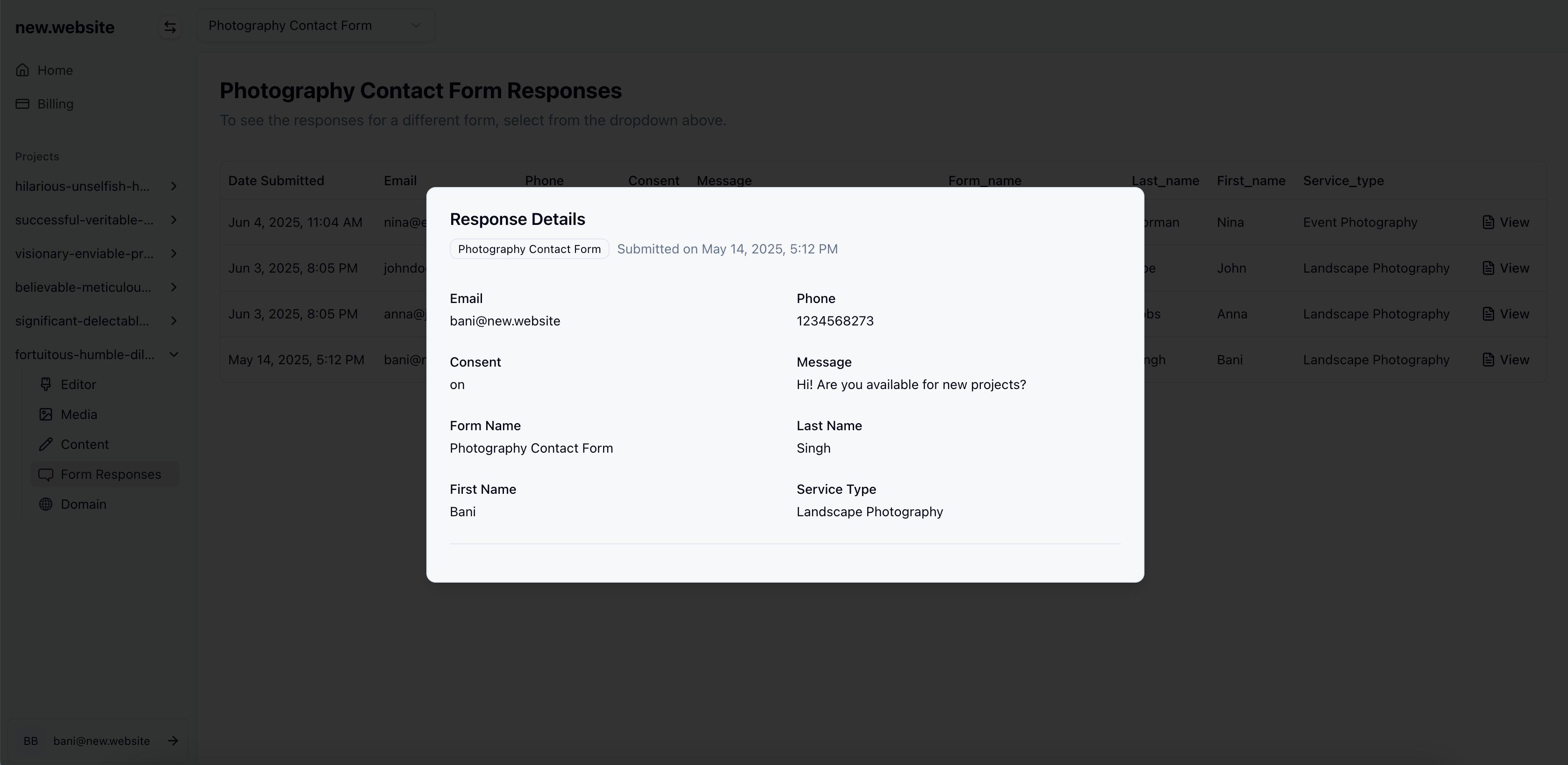Form response details modal