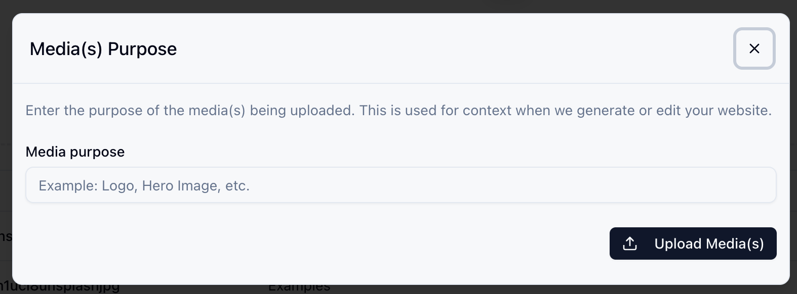 Upload media dialog with purpose field