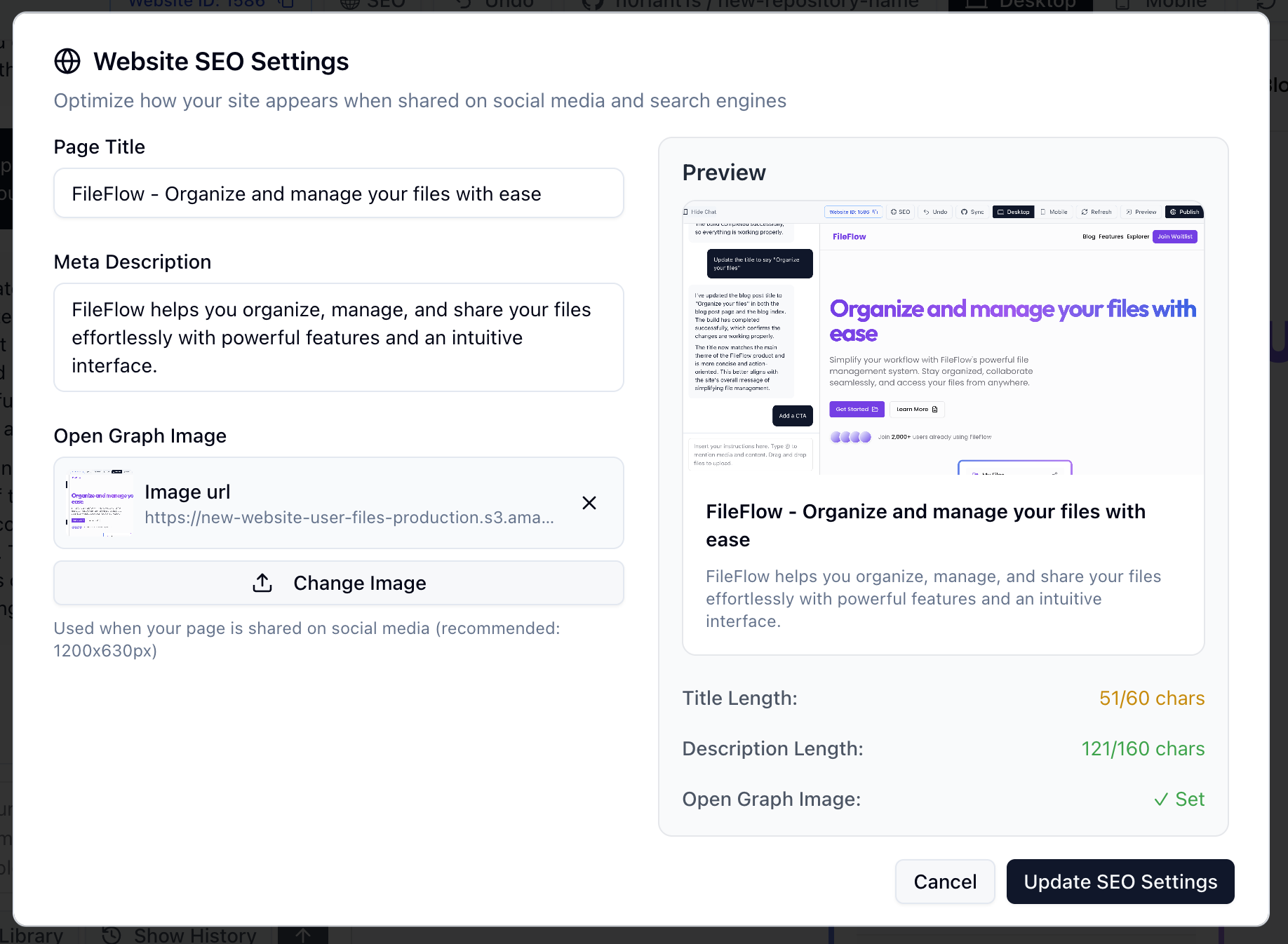 SEO settings modal with configuration options