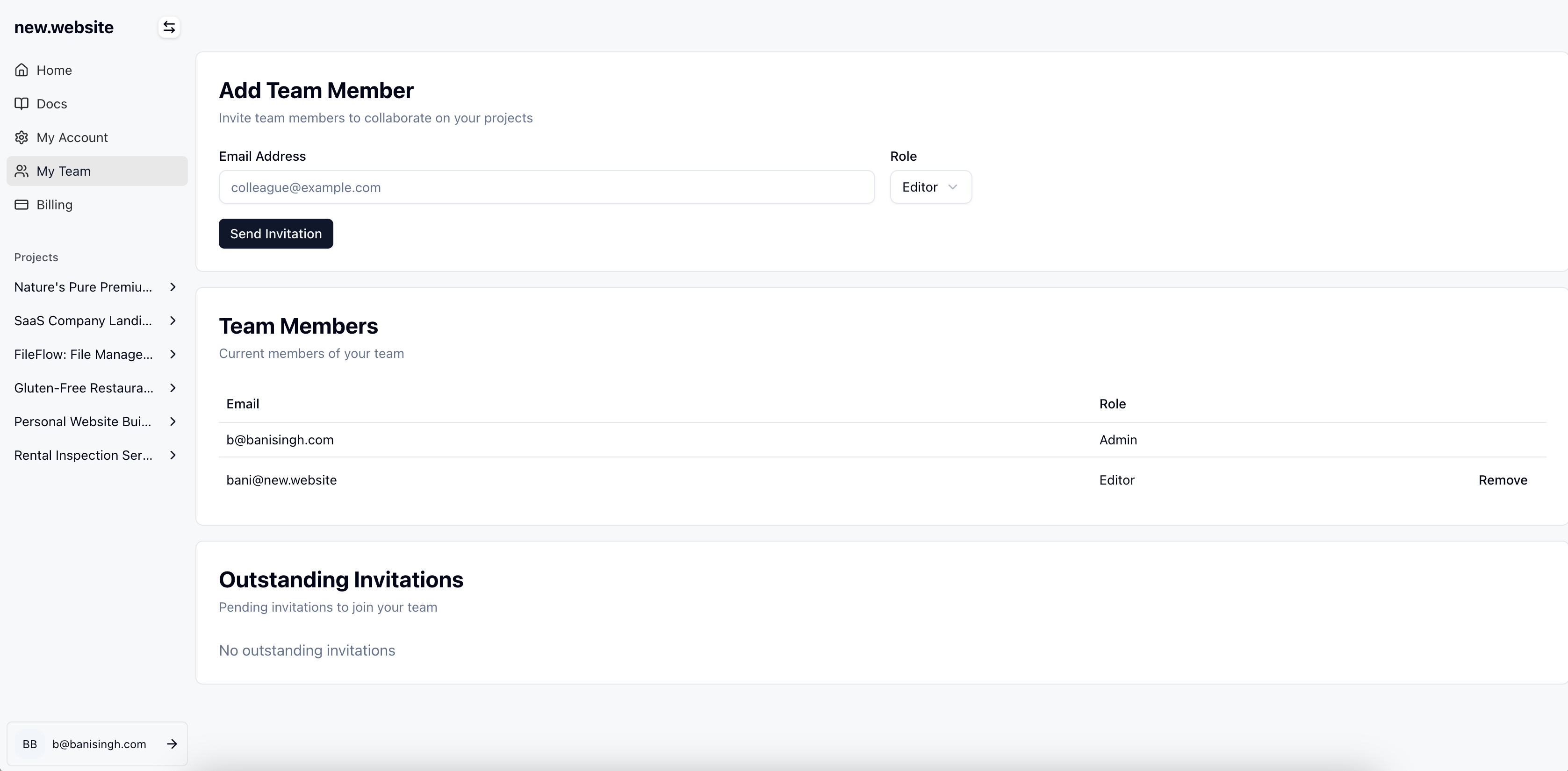 Team section in dashboard