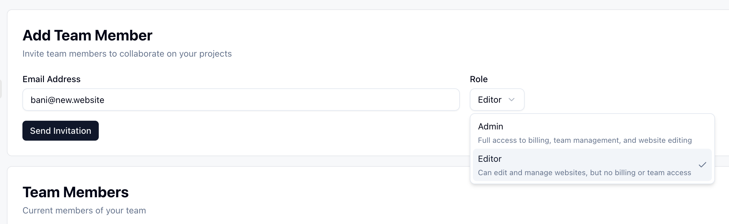 Add team member with role selection