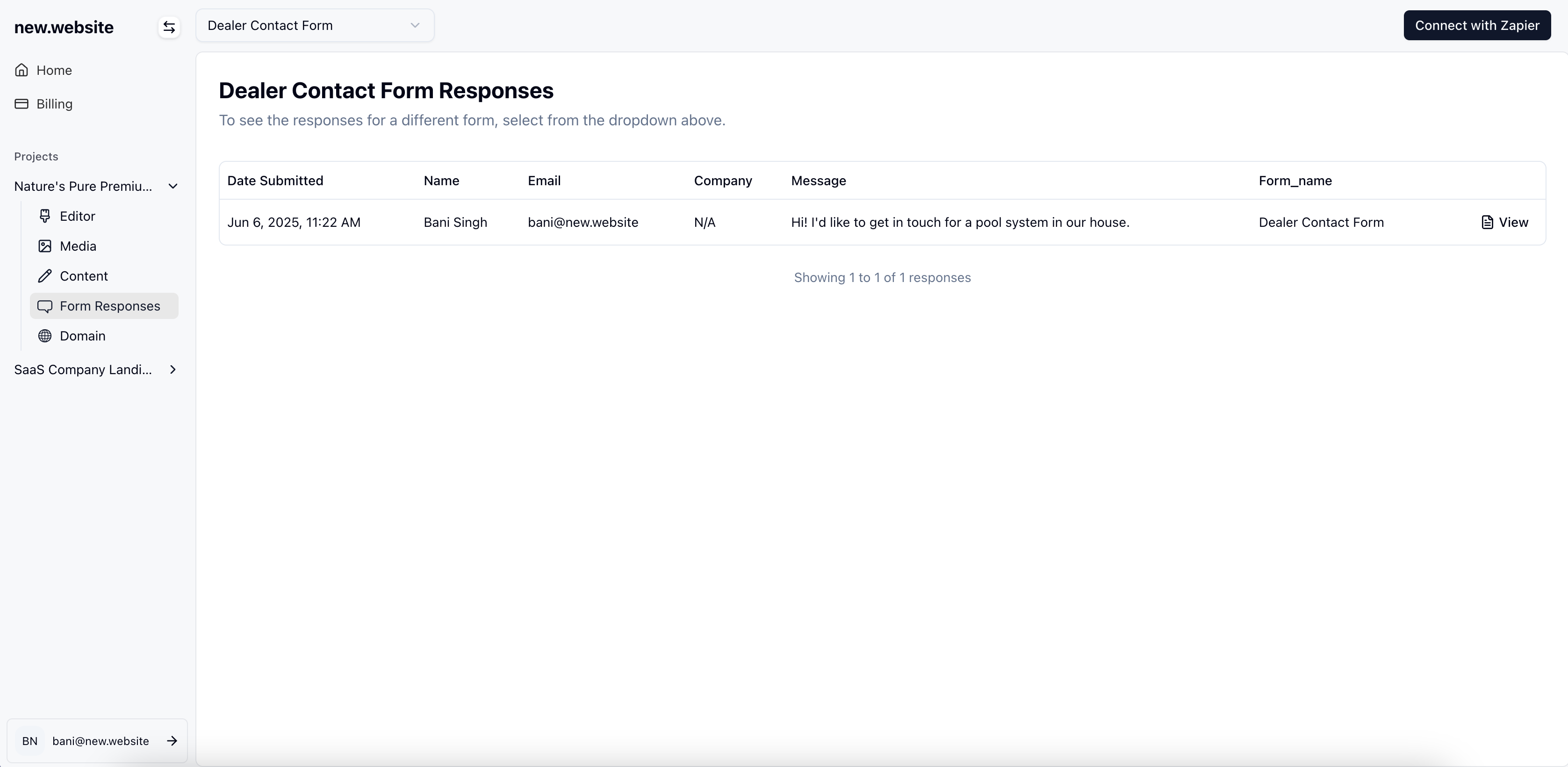 Form responses dashboard with Connect with Zapier button