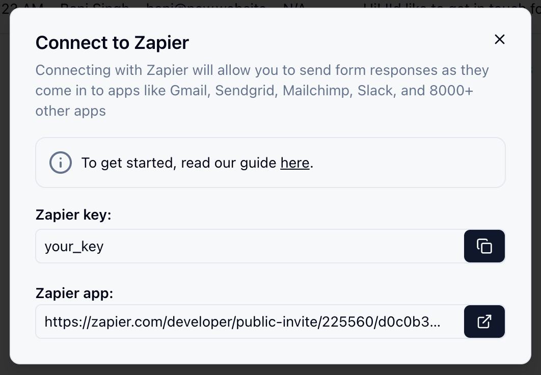 Connect to Zapier modal showing Zapier key and app link