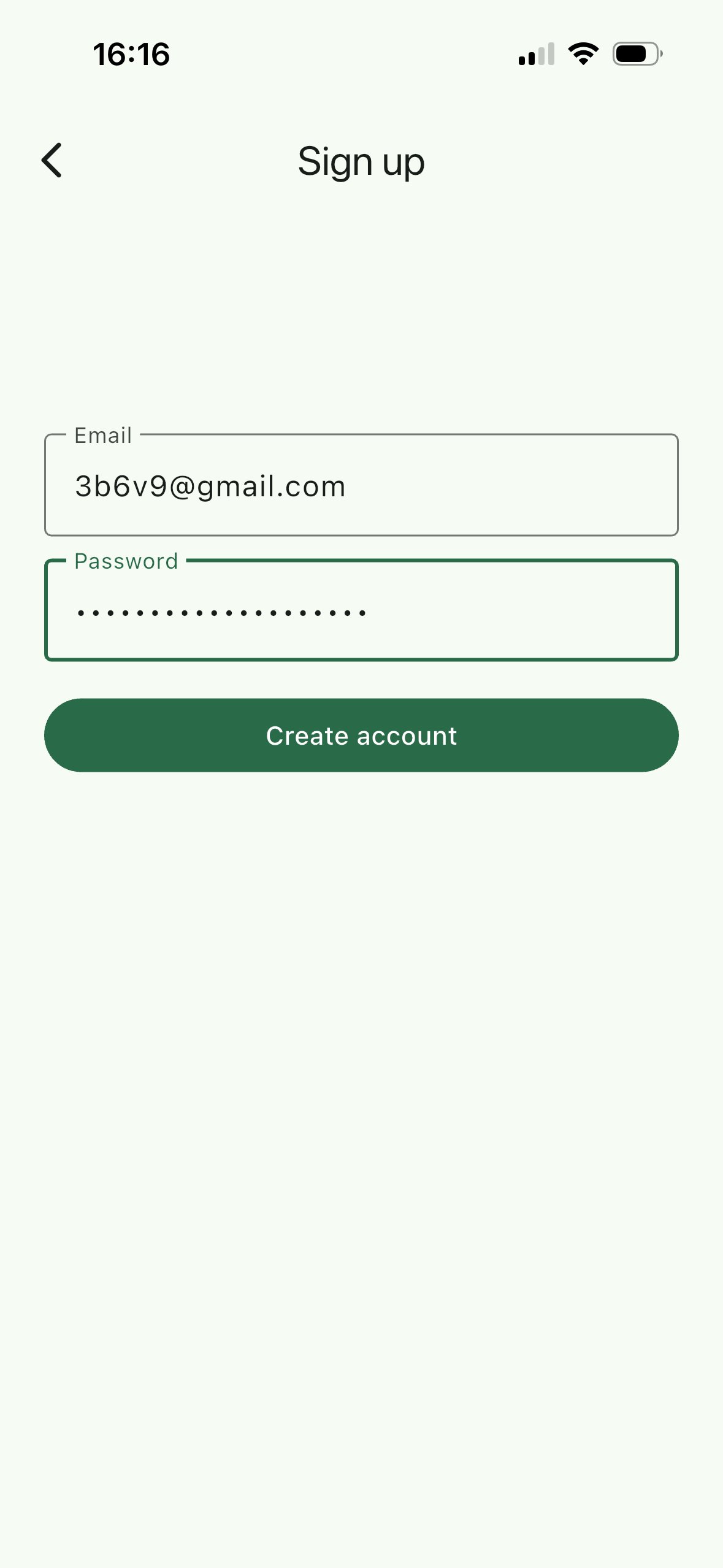 Sign up screen with email and password
