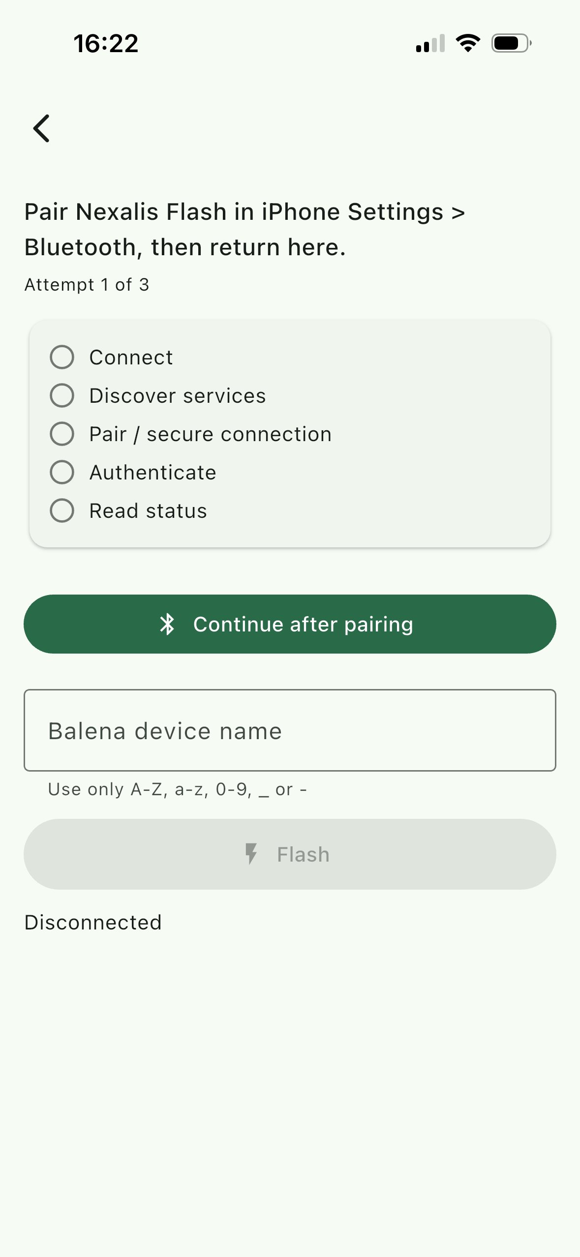 Prompt to pair Nexalis Flash in phone Bluetooth settings