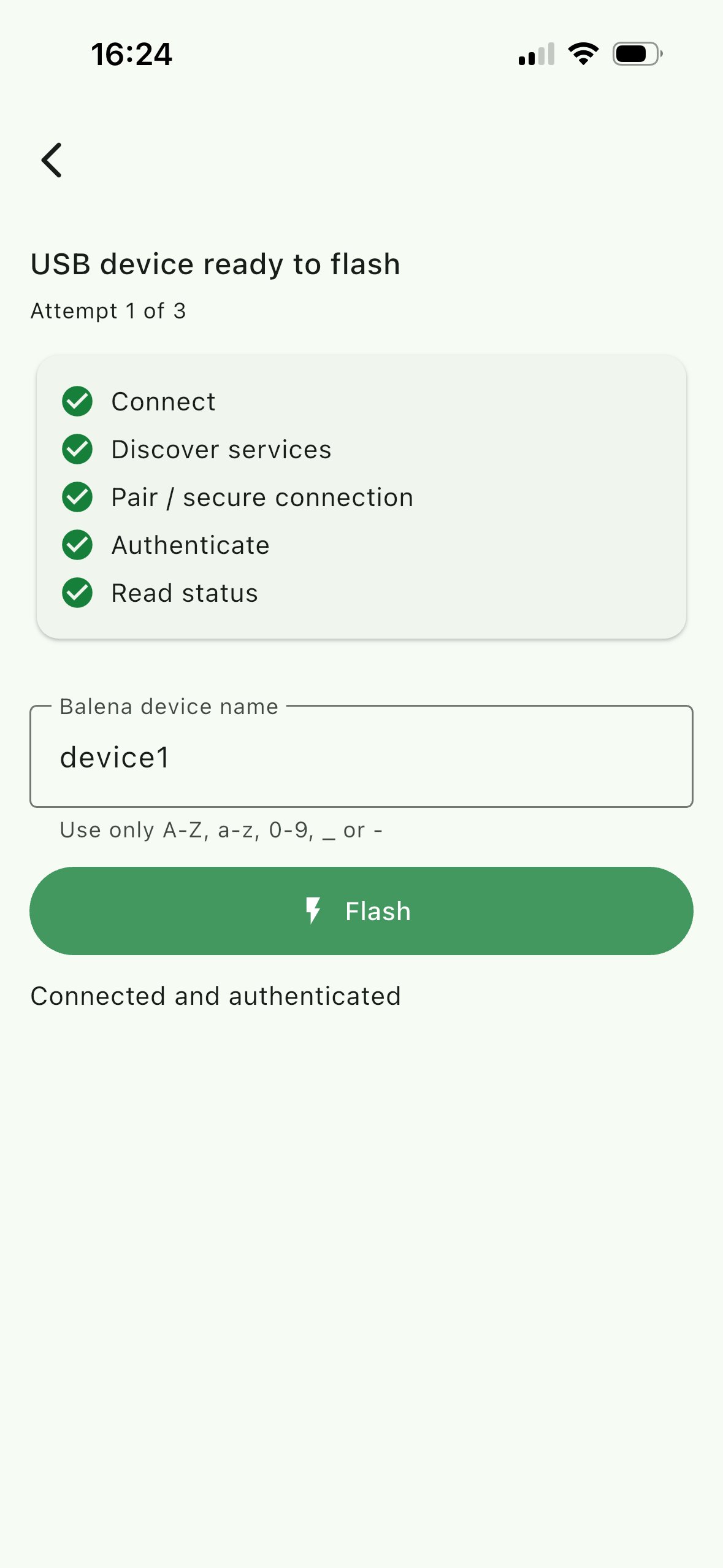 USB device ready to flash with Flash button enabled