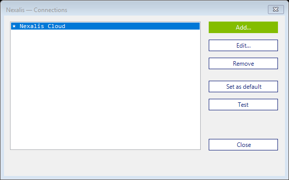 The Connections window listing saved connections, with Add, Edit, Remove, Set as default and Test buttons