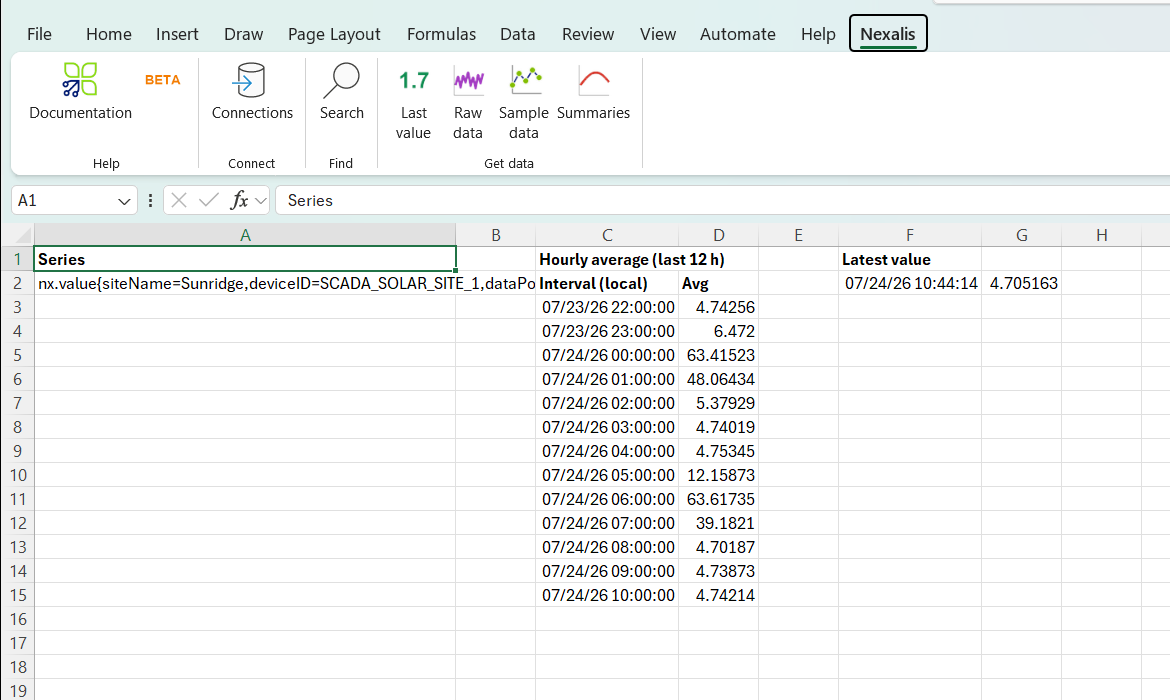 A worksheet with a series selector in column A, a spilled hourly-average table from NEXALIS.SUMMARY, and a latest value from NEXALIS.LAST