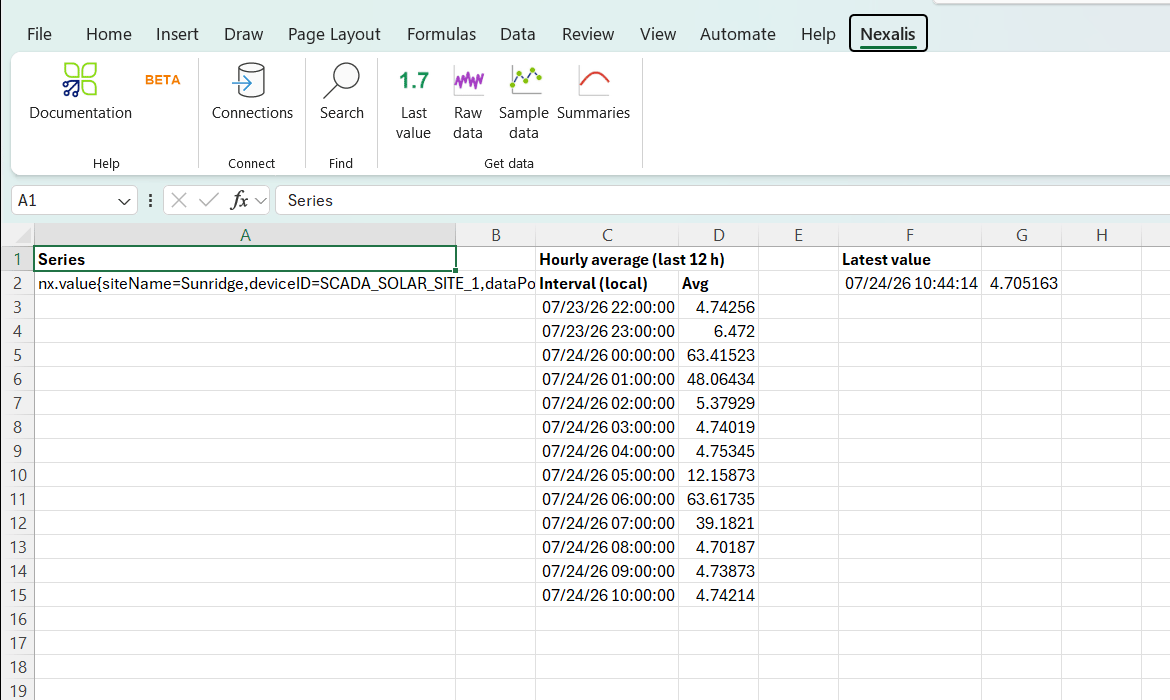 A worksheet with a series selector in column A, a spilled hourly-average table from NEXALIS.SUMMARY, and a latest value from NEXALIS.LAST