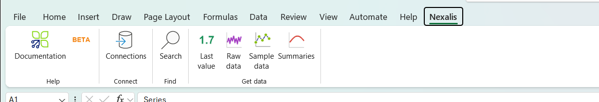 The Nexalis ribbon tab: Documentation, Connections, Search, Last value, Raw data, Sample data and Summaries