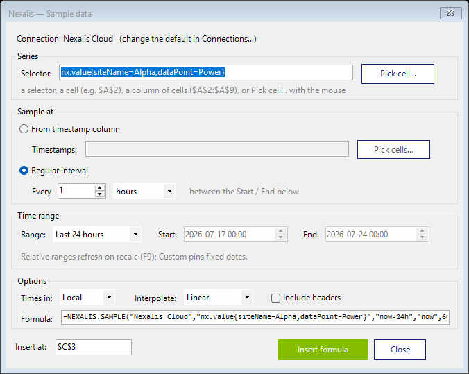 The Sample data window: sample at a timestamp column or a regular interval, time range, and the interpolation method