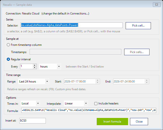 The Sample data window: sample at a timestamp column or a regular interval, time range, and the interpolation method