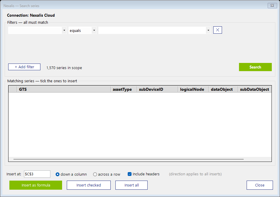 The Search window: stacked filters, the results grid with GTS and detail columns, and the insert options