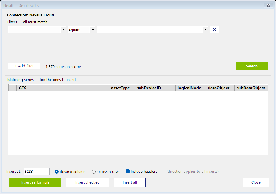 The Search window: stacked filters, the results grid with GTS and detail columns, and the insert options