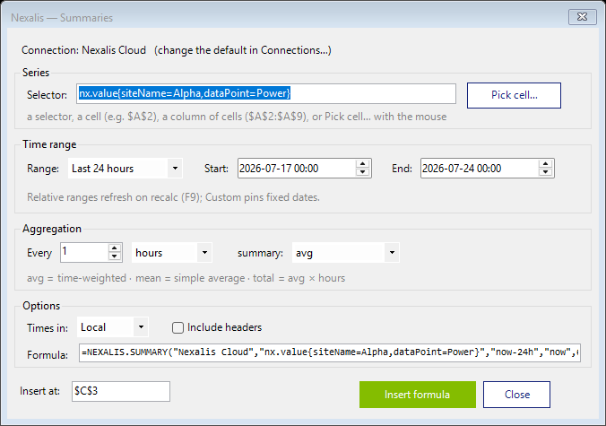The Summaries window: series selector, time range, aggregation interval and mode, options, and the formula preview