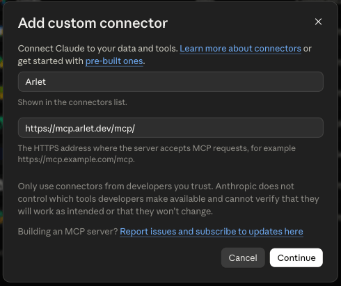 Add custom connectorの入力例