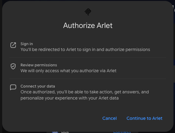 Arletの認可ダイアログ