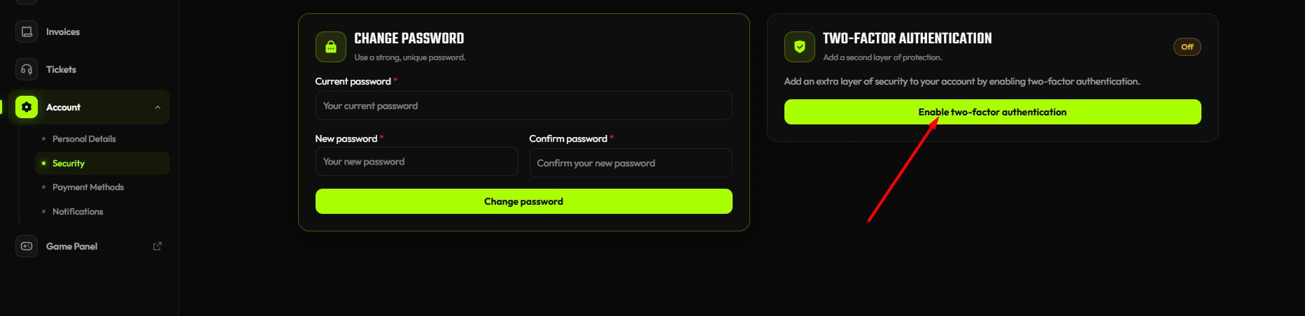 NexioHost control panel — Files tab