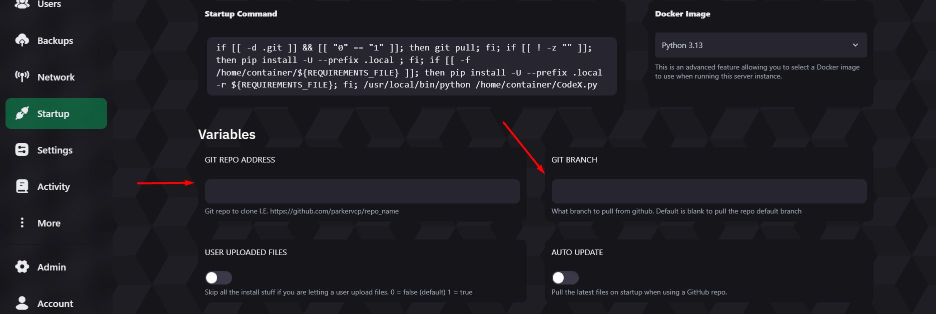 NexioHost control panel — Startup tab with command and variables