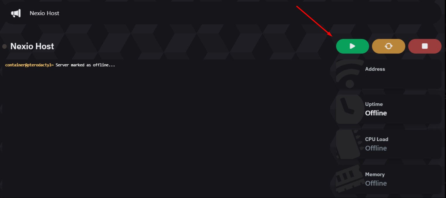 NexioHost control panel — Startup tab with command and variables