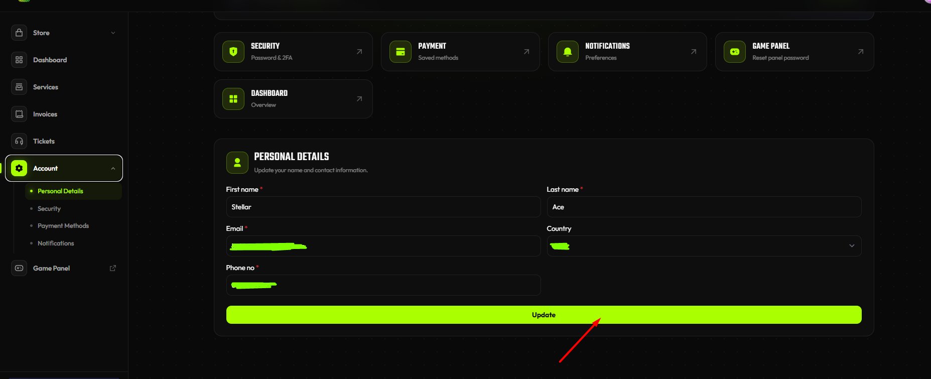 NexioHost control panel — Files tab
