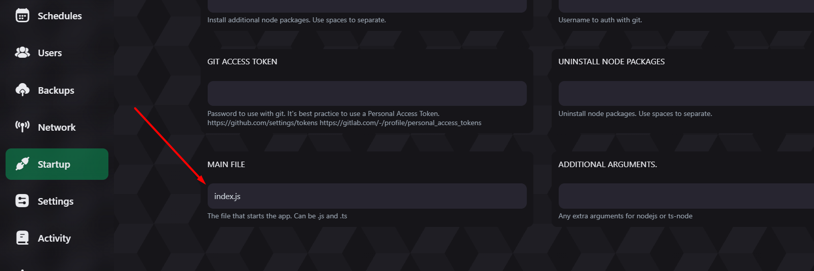 NexioHost control panel — Startup tab with command and variables