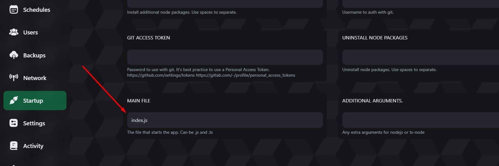 NexioHost control panel — Startup tab with command and variables