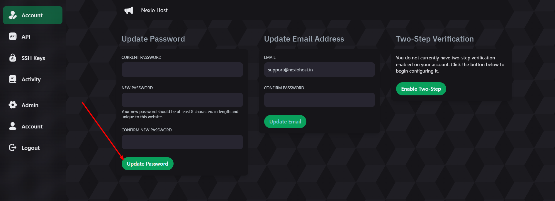 NexioHost control panel — Files tab