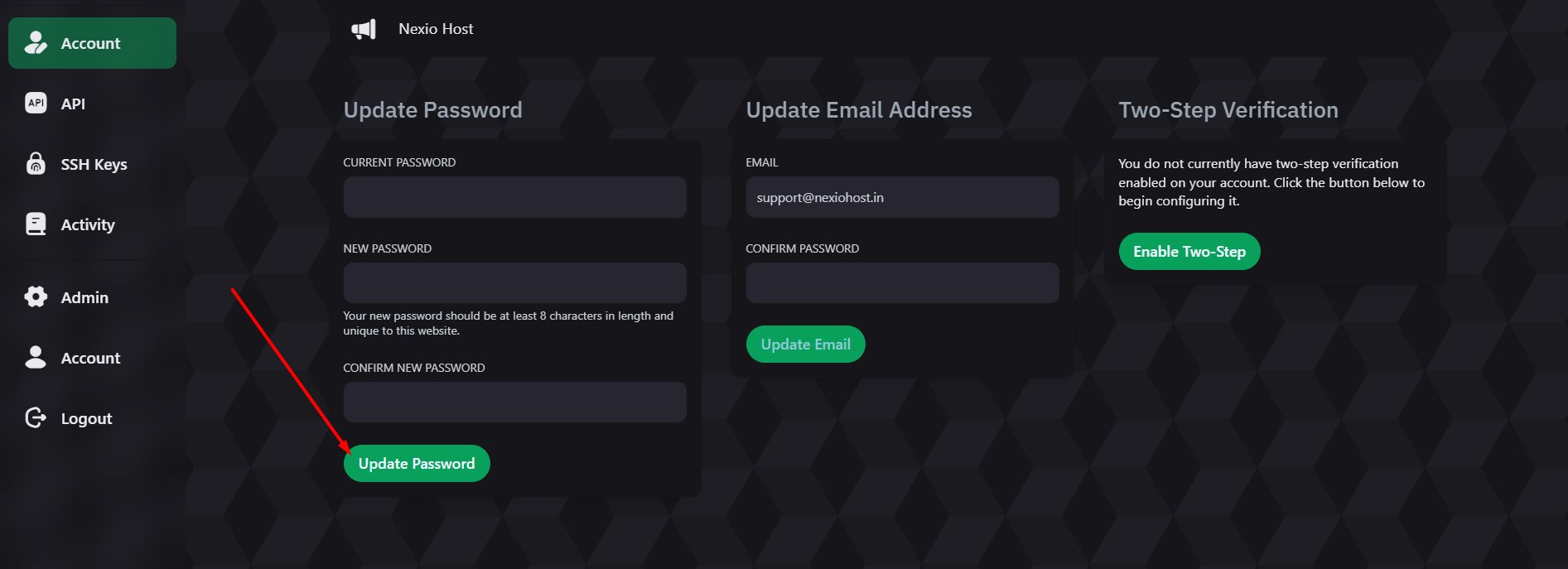 NexioHost control panel — Files tab