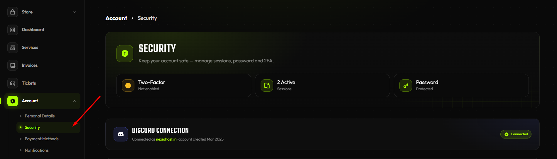 NexioHost control panel — Files tab