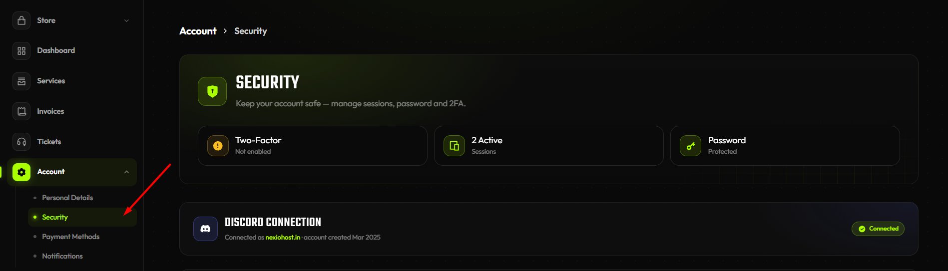 NexioHost control panel — Files tab