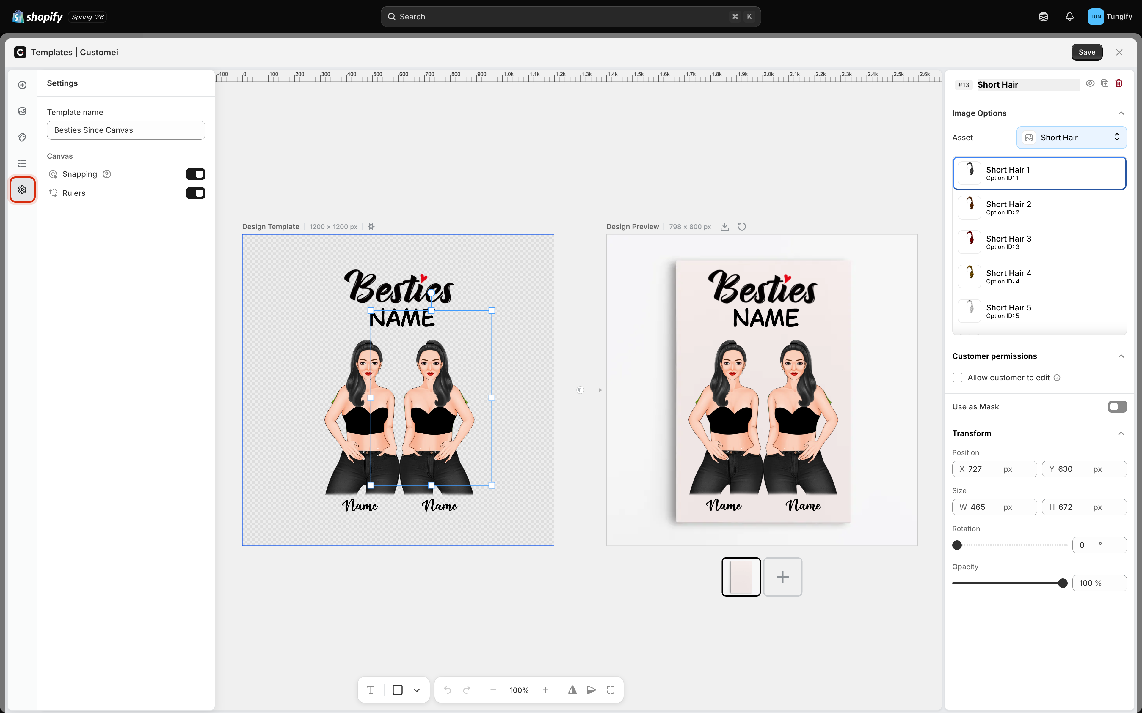 The Settings panel in the editor showing a Template name field reading Besties Since Canvas, and a Canvas section with Snapping and Rulers both switched on. The gear icon in the left rail is highlighted.