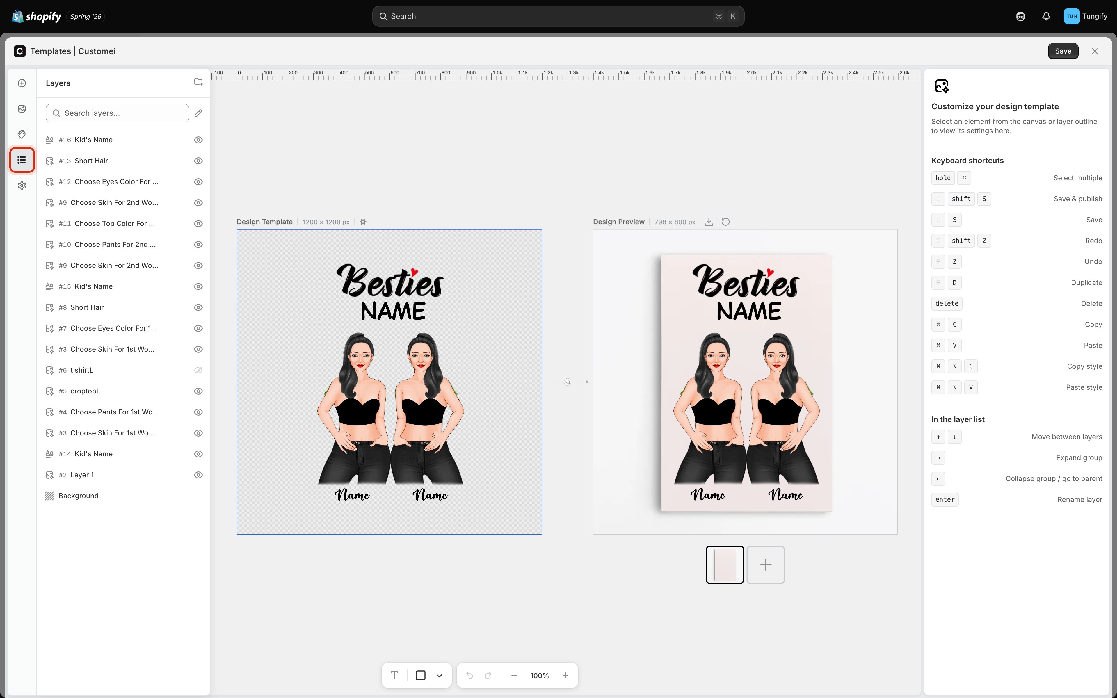 The template editor with the Layers panel open on the left, listing numbered layers such as #16 Kid's Name and #13 Short Hair. The Layers icon in the left rail is highlighted.