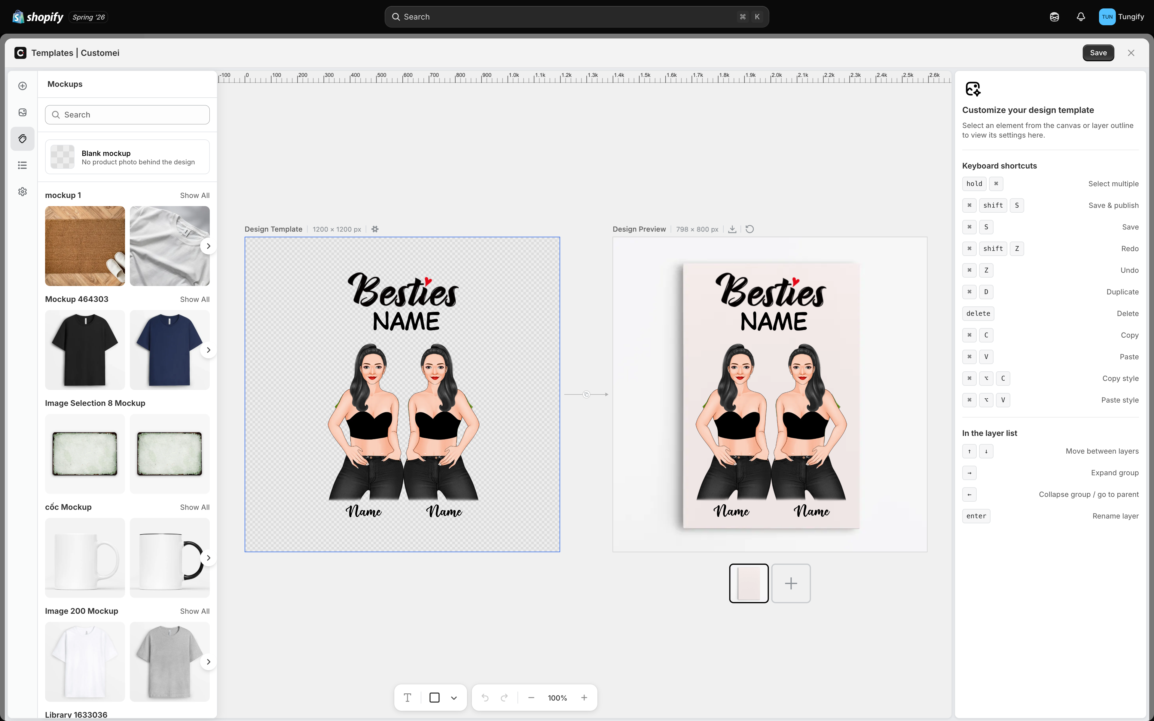 The Mockups panel open in the editor, showing a search box, a Blank mockup card described as no product photo behind the design, and rows of product photos grouped under mockup 1, Mockup 464303 and Image Selection 8 Mockup, each with a Show All link.