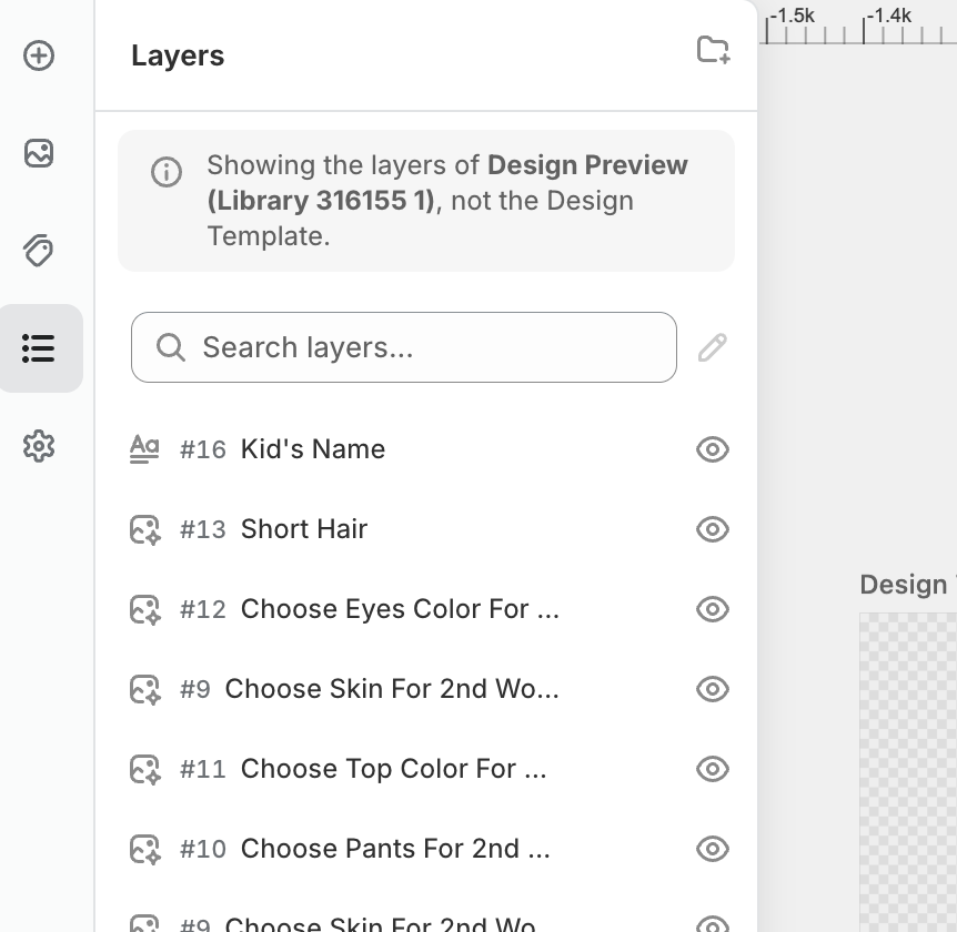 The Layers panel with a notice reading Showing the layers of Design Preview (Library 316155 1), not the Design Template, above a list of numbered layers.