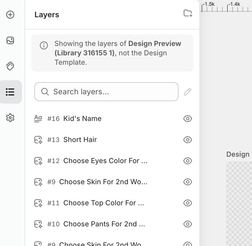 The Layers panel with a notice reading Showing the layers of Design Preview (Library 316155 1), not the Design Template, above a list of numbered layers.